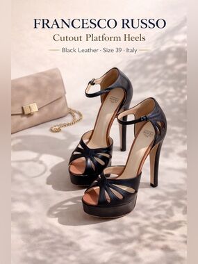 Francesco Russo Cutout Platform Heels Black Leather Size 39 Italy